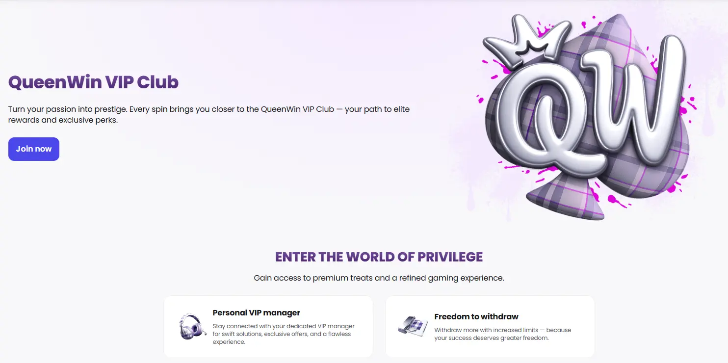 Queenwin VIP programme — tiered cashback and personal service for loyal players